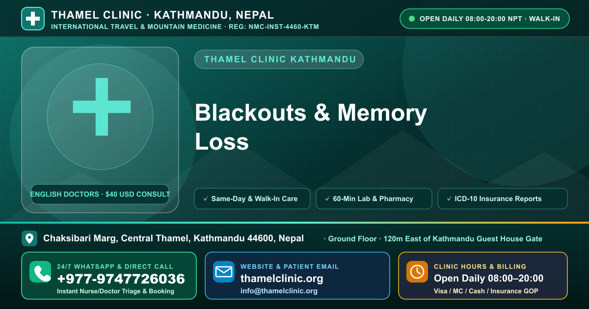 Blackouts & Memory Loss — Thamel Clinic, Chaksibari Marg, Central Thamel, Kathmandu — Call/WhatsApp +977-9747726036