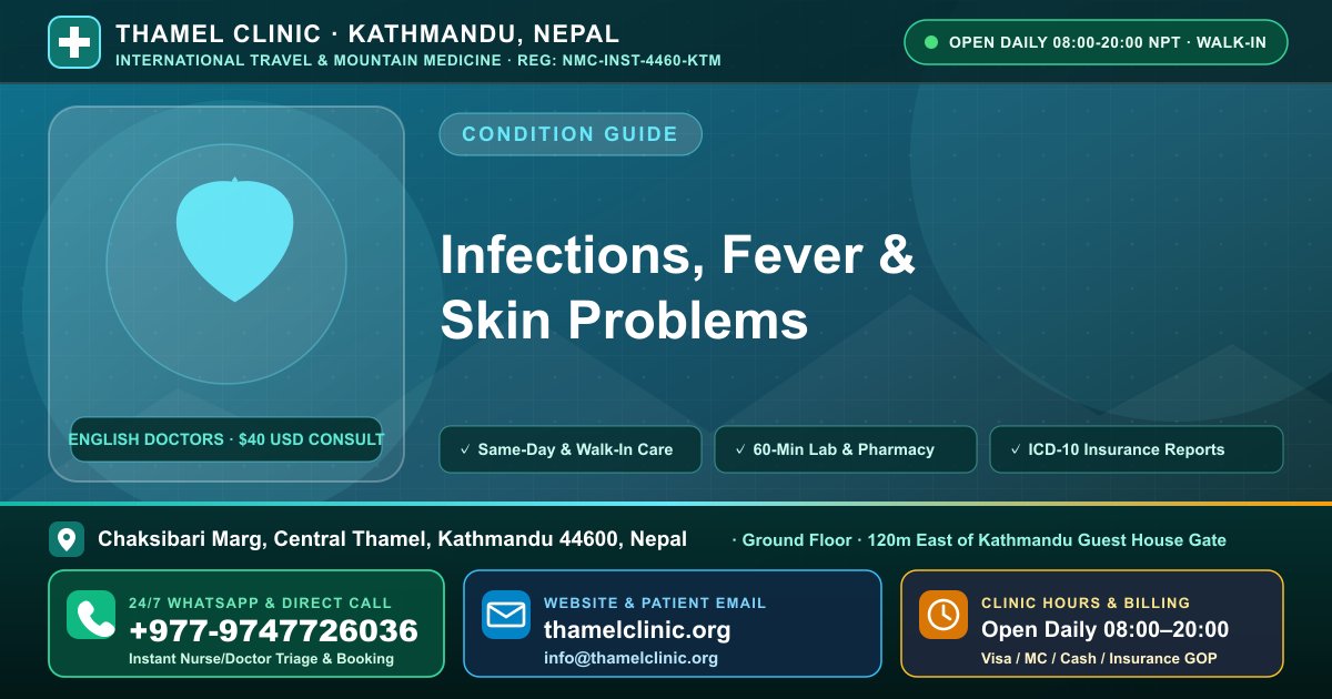 Infections, Fever & Skin Problems — Thamel Clinic, Chaksibari Marg, Central Thamel, Kathmandu — Call/WhatsApp +977-9747726036