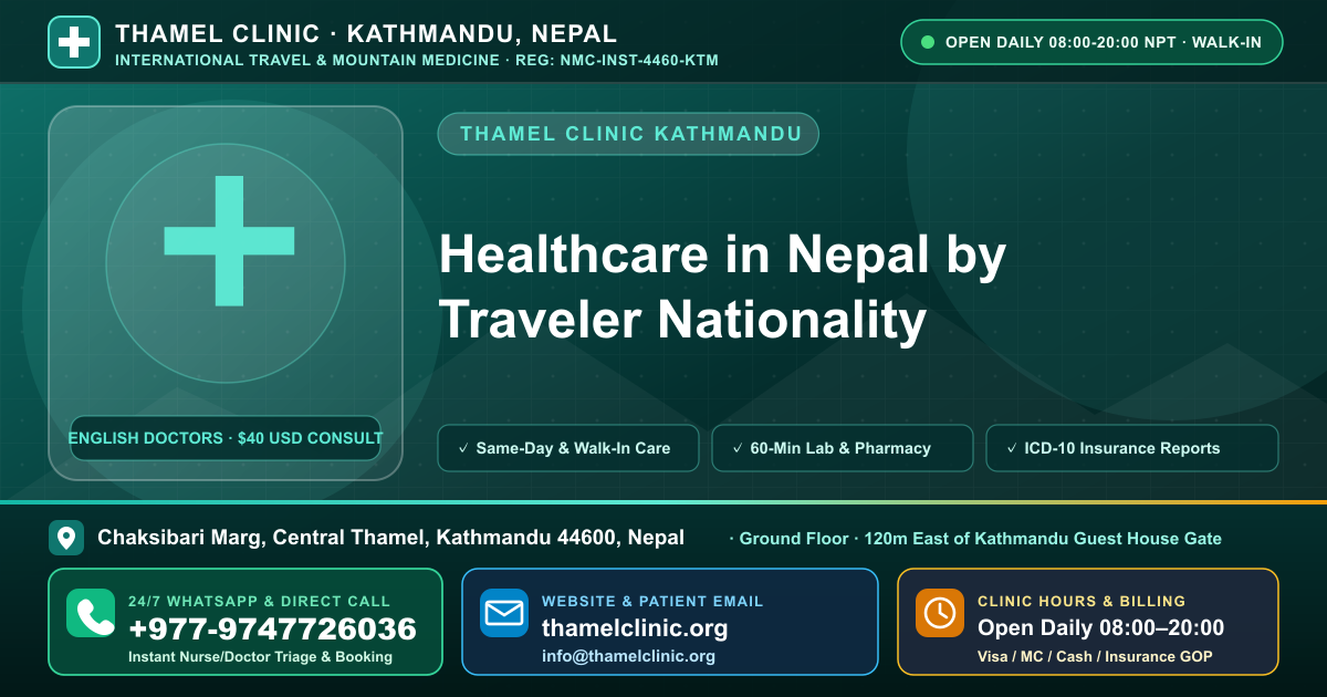 Healthcare in Nepal by Traveler Nationality — Thamel Clinic, Chaksibari Marg, Central Thamel, Kathmandu — Call/WhatsApp +977-9747726036