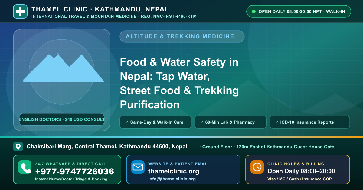 Food & Water Safety in Nepal: Tap Water, Street Food & Trekking Purification — Thamel Clinic (+977-9747726036), Thamel, Kathmandu