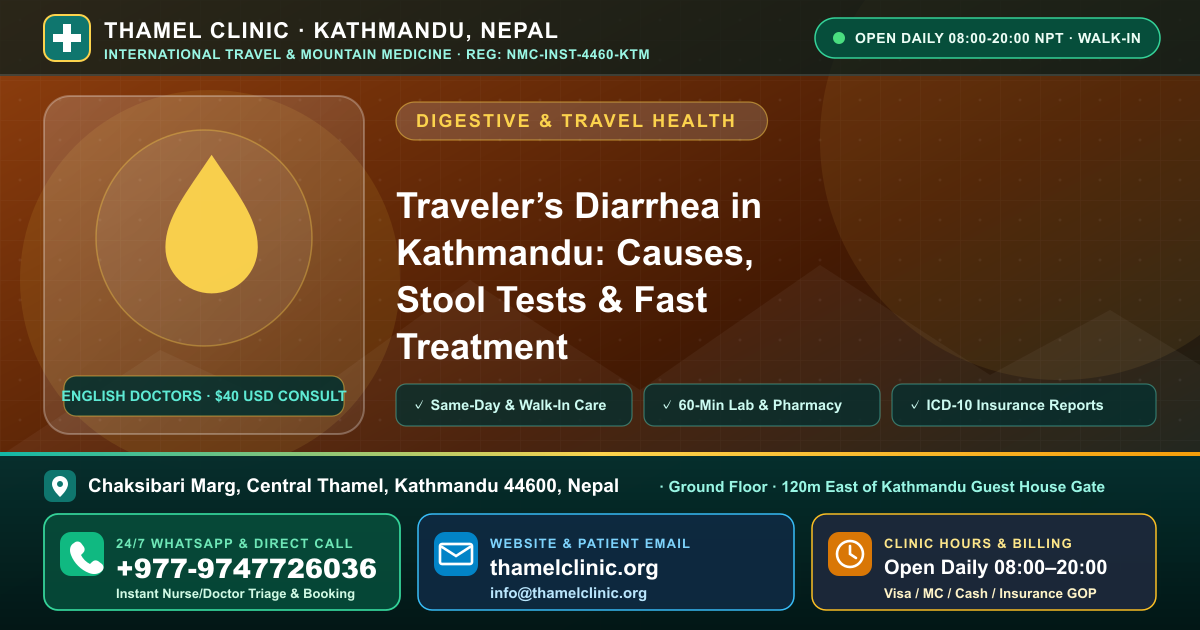 Traveler’s Diarrhea in Kathmandu: Causes, Stool Tests & Fast Treatment — Thamel Clinic (+977-9747726036), Thamel, Kathmandu