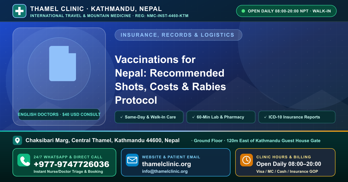 Vaccinations for Nepal: Recommended Shots, Costs & Rabies Protocol — Thamel Clinic, Chaksibari Marg, Central Thamel, Kathmandu — Call/WhatsApp +977-9747726036