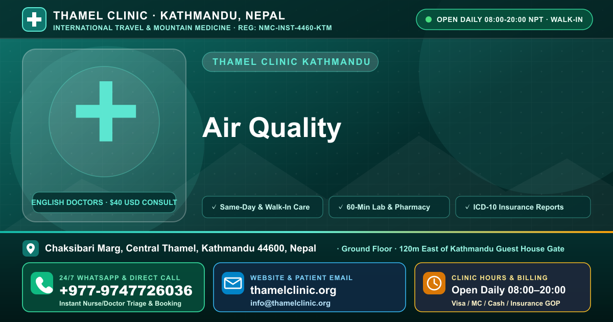 Air Quality — Thamel Clinic, Chaksibari Marg, Central Thamel, Kathmandu — Call/WhatsApp +977-9747726036