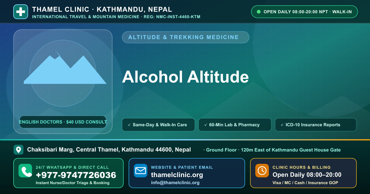 Alcohol Altitude — Thamel Clinic, Chaksibari Marg, Central Thamel, Kathmandu — Call/WhatsApp +977-9747726036