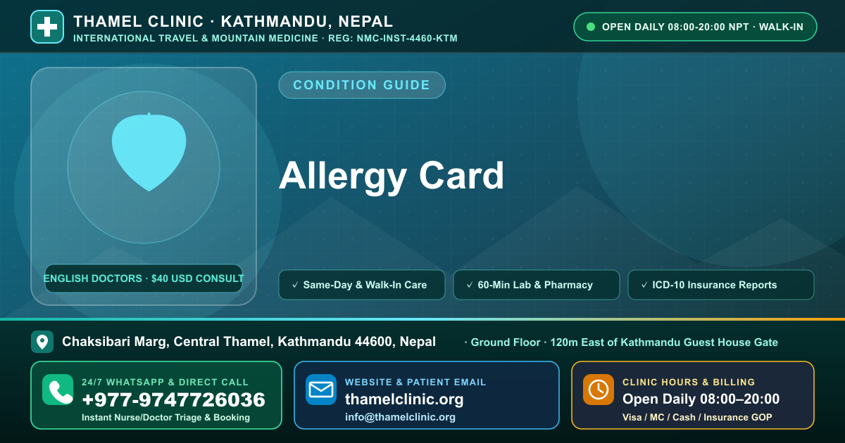 Allergy Card — Thamel Clinic, Chaksibari Marg, Central Thamel, Kathmandu — Call/WhatsApp +977-9747726036