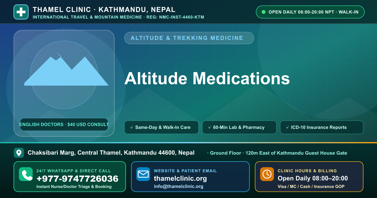 Altitude Medications — Thamel Clinic, Chaksibari Marg, Central Thamel, Kathmandu — Call/WhatsApp +977-9747726036
