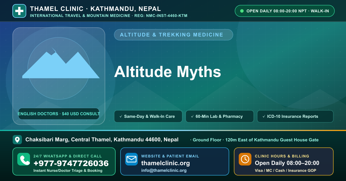 Altitude Myths — Thamel Clinic, Chaksibari Marg, Central Thamel, Kathmandu — Call/WhatsApp +977-9747726036