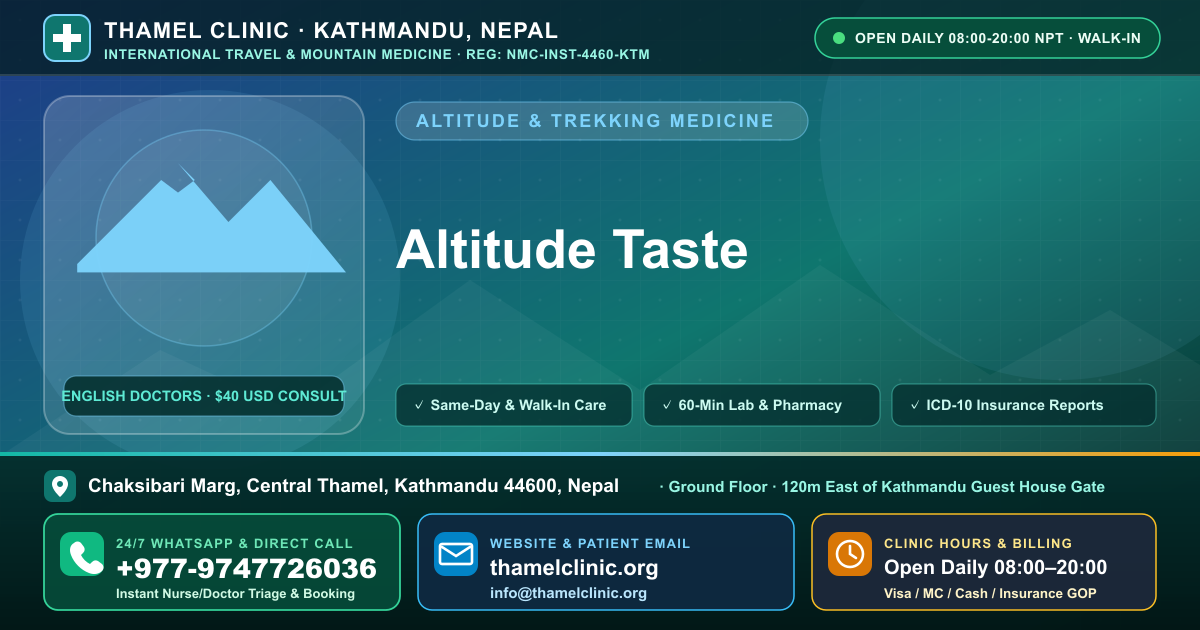 Altitude Taste — Thamel Clinic, Chaksibari Marg, Central Thamel, Kathmandu — Call/WhatsApp +977-9747726036