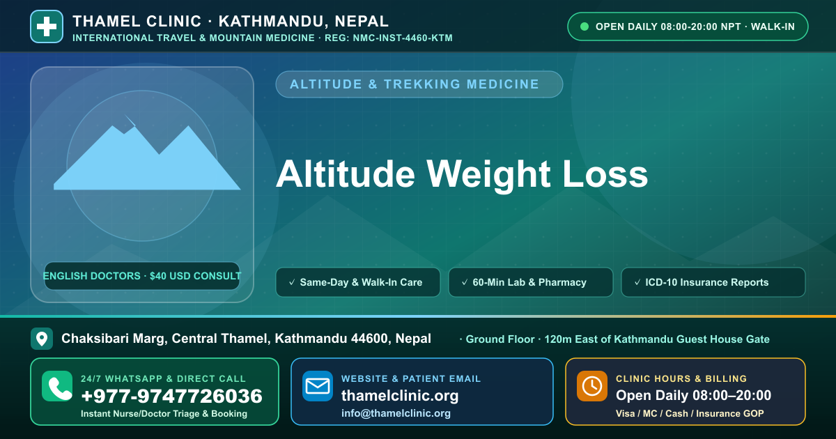 Altitude Weight Loss — Thamel Clinic, Chaksibari Marg, Central Thamel, Kathmandu — Call/WhatsApp +977-9747726036