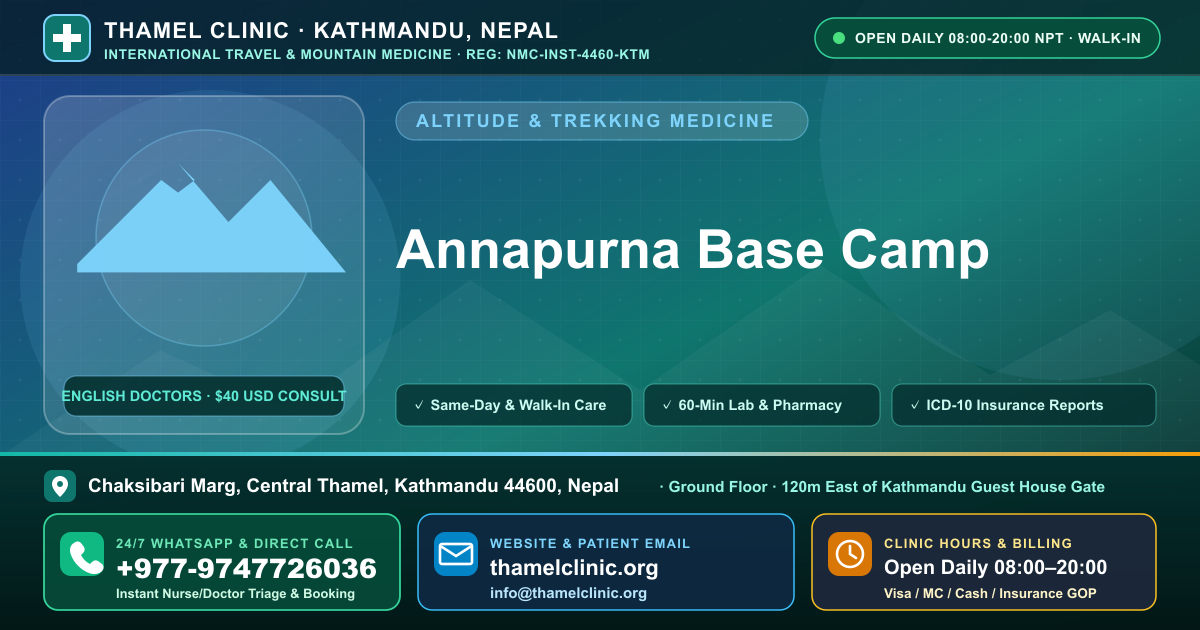 Annapurna Base Camp — Thamel Clinic, Chaksibari Marg, Central Thamel, Kathmandu — Call/WhatsApp +977-9747726036