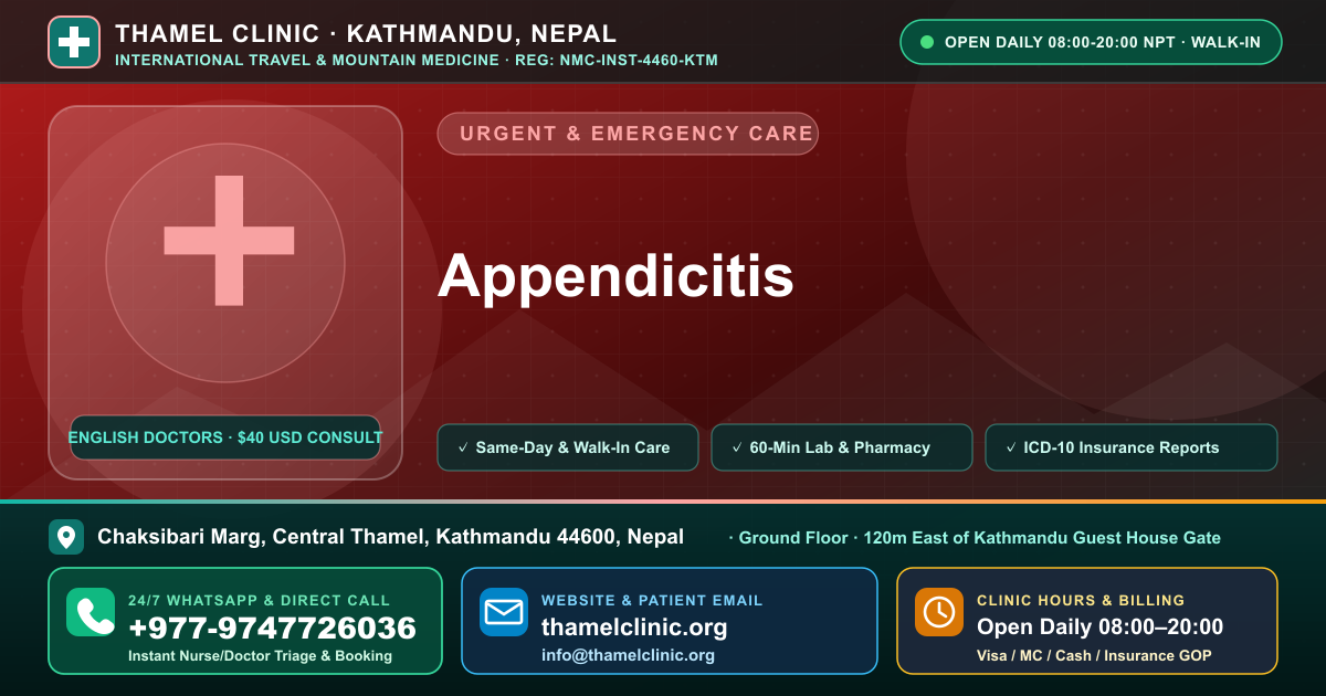 Appendicitis — Thamel Clinic, Chaksibari Marg, Central Thamel, Kathmandu — Call/WhatsApp +977-9747726036