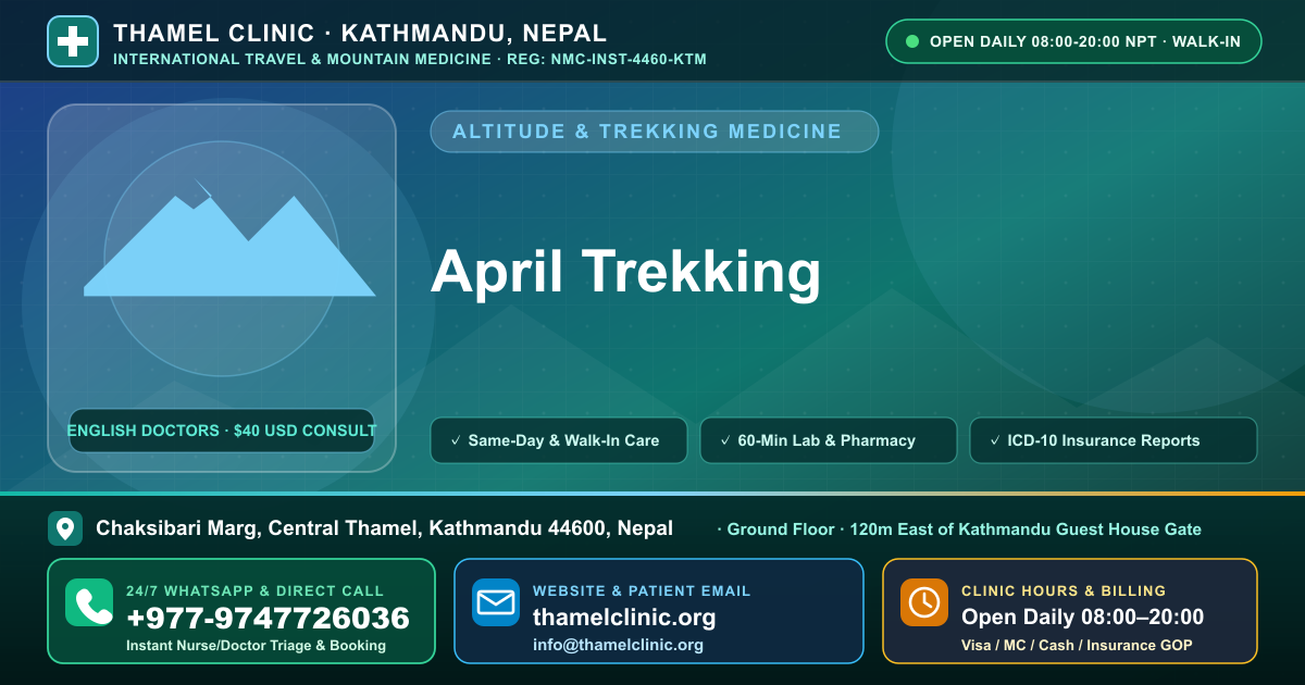 April Trekking — Thamel Clinic, Chaksibari Marg, Central Thamel, Kathmandu — Call/WhatsApp +977-9747726036