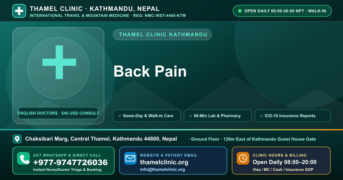 Back Pain — Thamel Clinic, Chaksibari Marg, Central Thamel, Kathmandu — Call/WhatsApp +977-9747726036