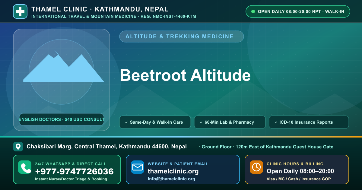 Beetroot Altitude — Thamel Clinic, Chaksibari Marg, Central Thamel, Kathmandu — Call/WhatsApp +977-9747726036