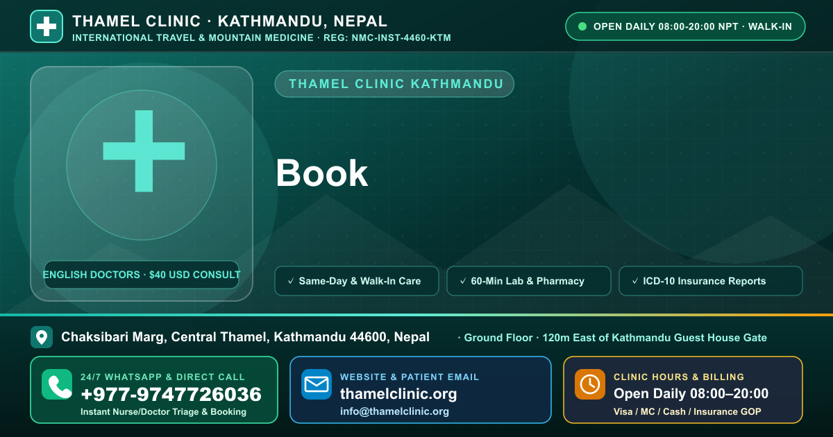 Book — Thamel Clinic, Chaksibari Marg, Central Thamel, Kathmandu — Call/WhatsApp +977-9747726036