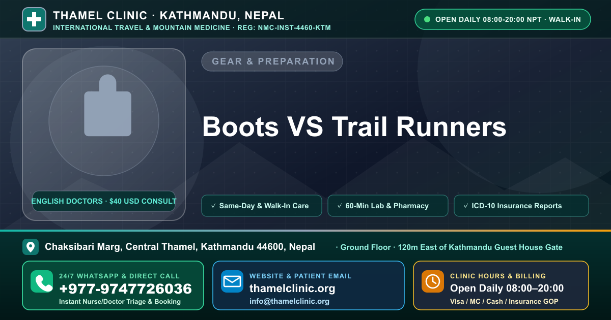 Boots VS Trail Runners — Thamel Clinic, Chaksibari Marg, Central Thamel, Kathmandu — Call/WhatsApp +977-9747726036