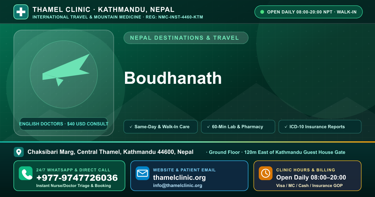 Boudhanath — Thamel Clinic, Chaksibari Marg, Central Thamel, Kathmandu — Call/WhatsApp +977-9747726036