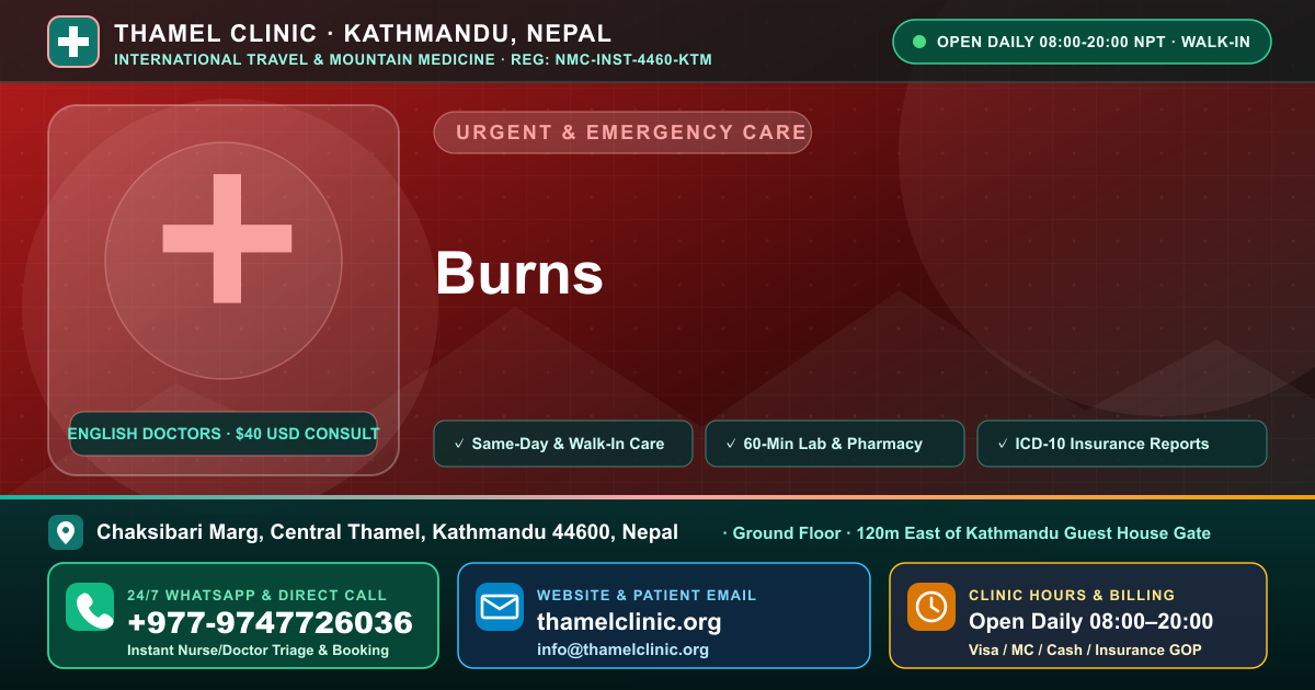 Burns — Thamel Clinic, Chaksibari Marg, Central Thamel, Kathmandu — Call/WhatsApp +977-9747726036