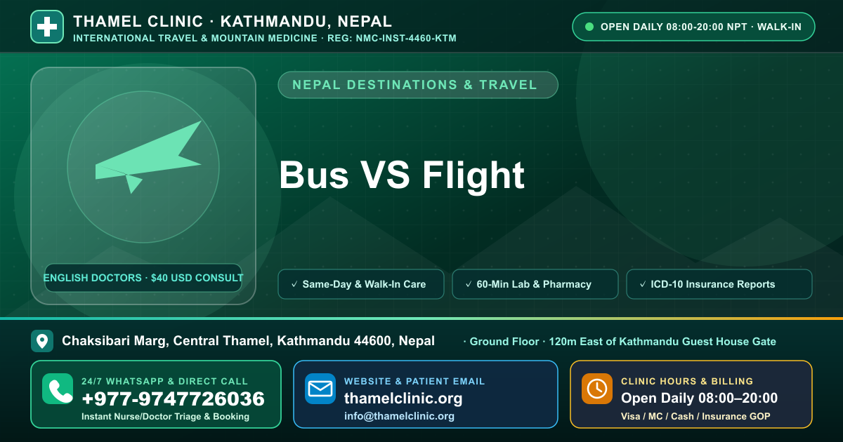 Bus VS Flight — Thamel Clinic, Chaksibari Marg, Central Thamel, Kathmandu — Call/WhatsApp +977-9747726036