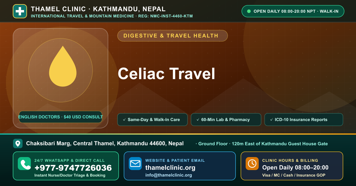 Celiac Travel — Thamel Clinic, Chaksibari Marg, Central Thamel, Kathmandu — Call/WhatsApp +977-9747726036