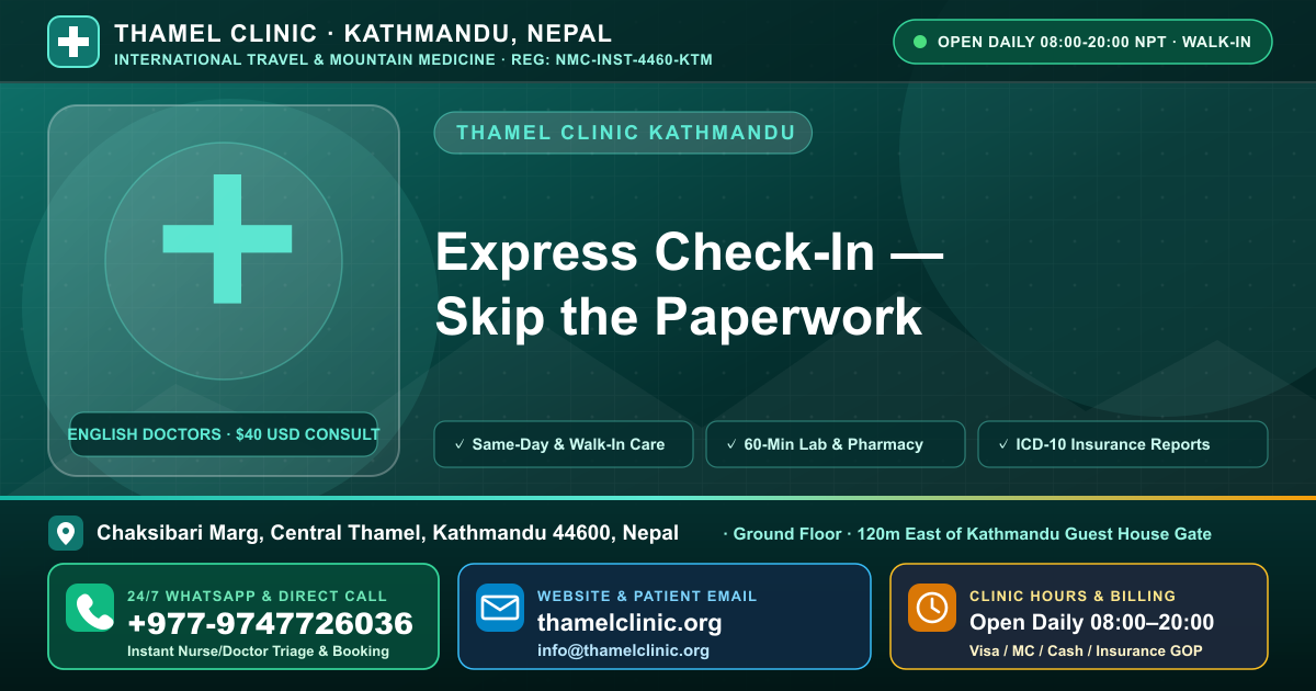 Express Check-In — Skip the Paperwork — Thamel Clinic, Chaksibari Marg, Central Thamel, Kathmandu — Call/WhatsApp +977-9747726036