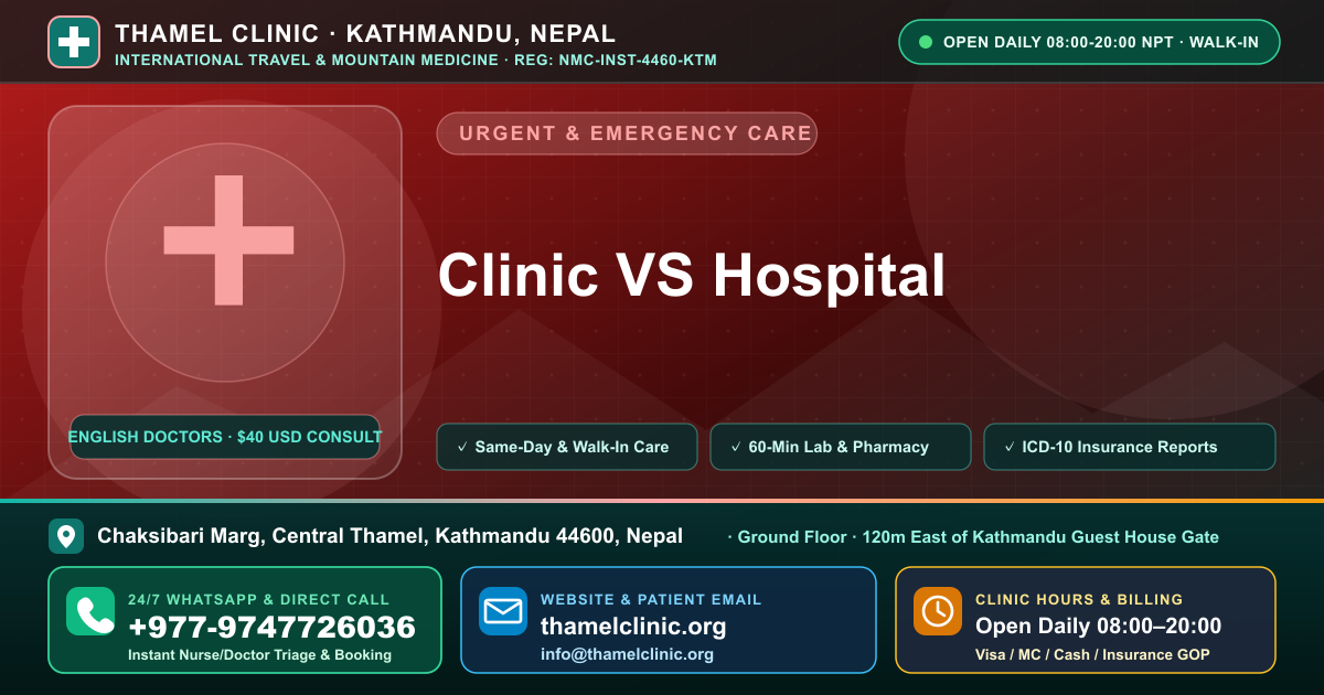Clinic VS Hospital — Thamel Clinic, Chaksibari Marg, Central Thamel, Kathmandu — Call/WhatsApp +977-9747726036