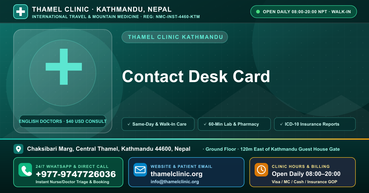 Contact Desk Card — Thamel Clinic, Chaksibari Marg, Central Thamel, Kathmandu — Call/WhatsApp +977-9747726036