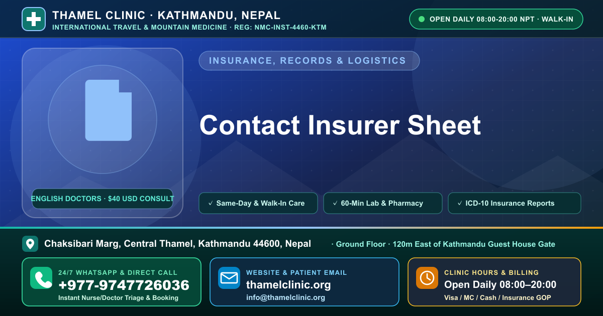Contact Insurer Sheet — Thamel Clinic, Chaksibari Marg, Central Thamel, Kathmandu — Call/WhatsApp +977-9747726036
