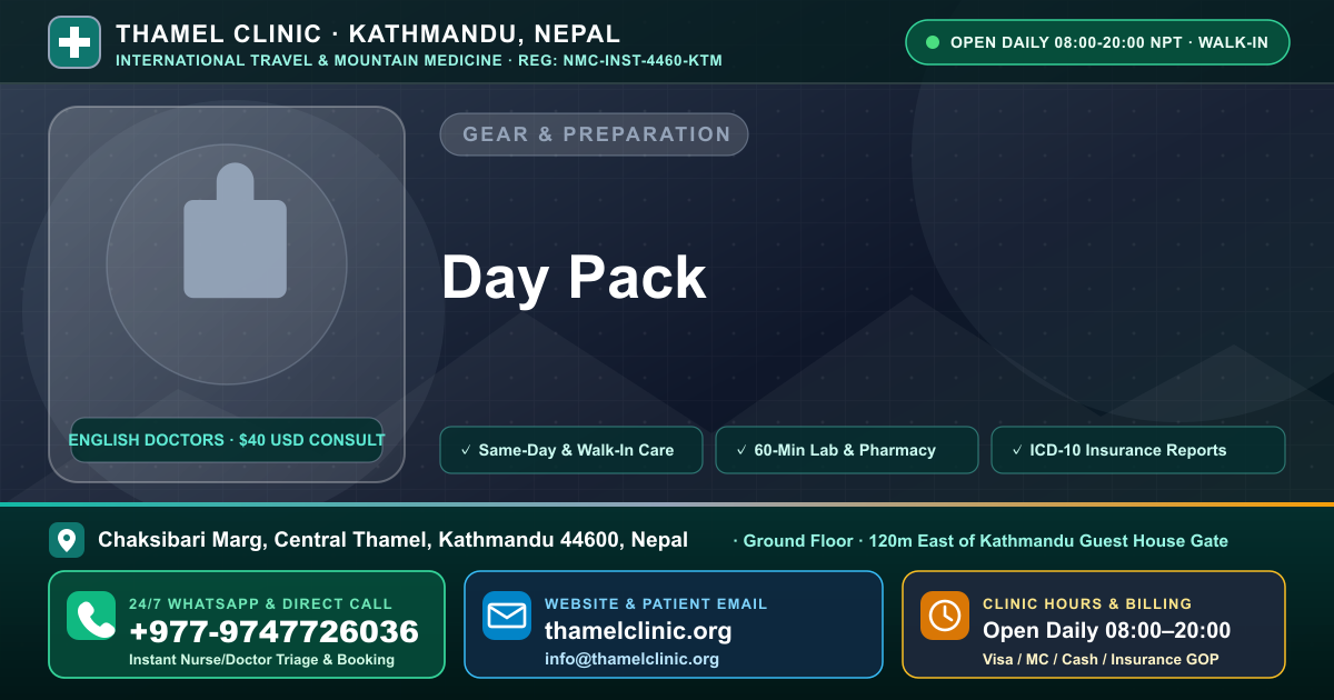 Day Pack — Thamel Clinic, Chaksibari Marg, Central Thamel, Kathmandu — Call/WhatsApp +977-9747726036