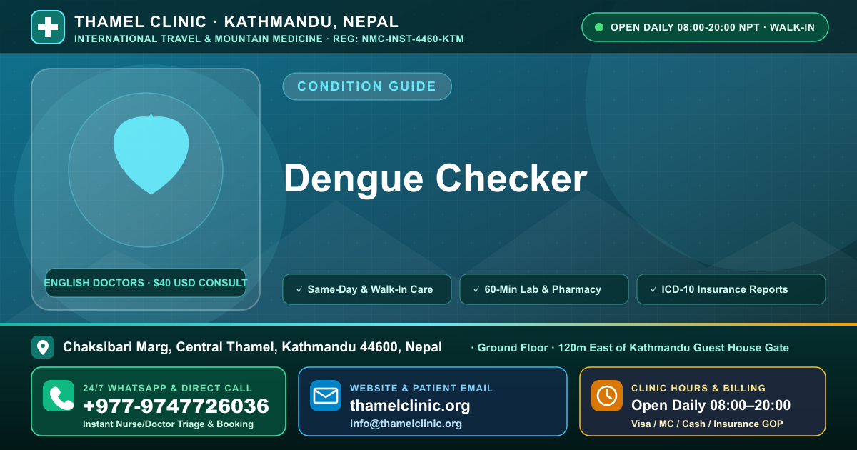 Dengue Checker — Thamel Clinic, Chaksibari Marg, Central Thamel, Kathmandu — Call/WhatsApp +977-9747726036