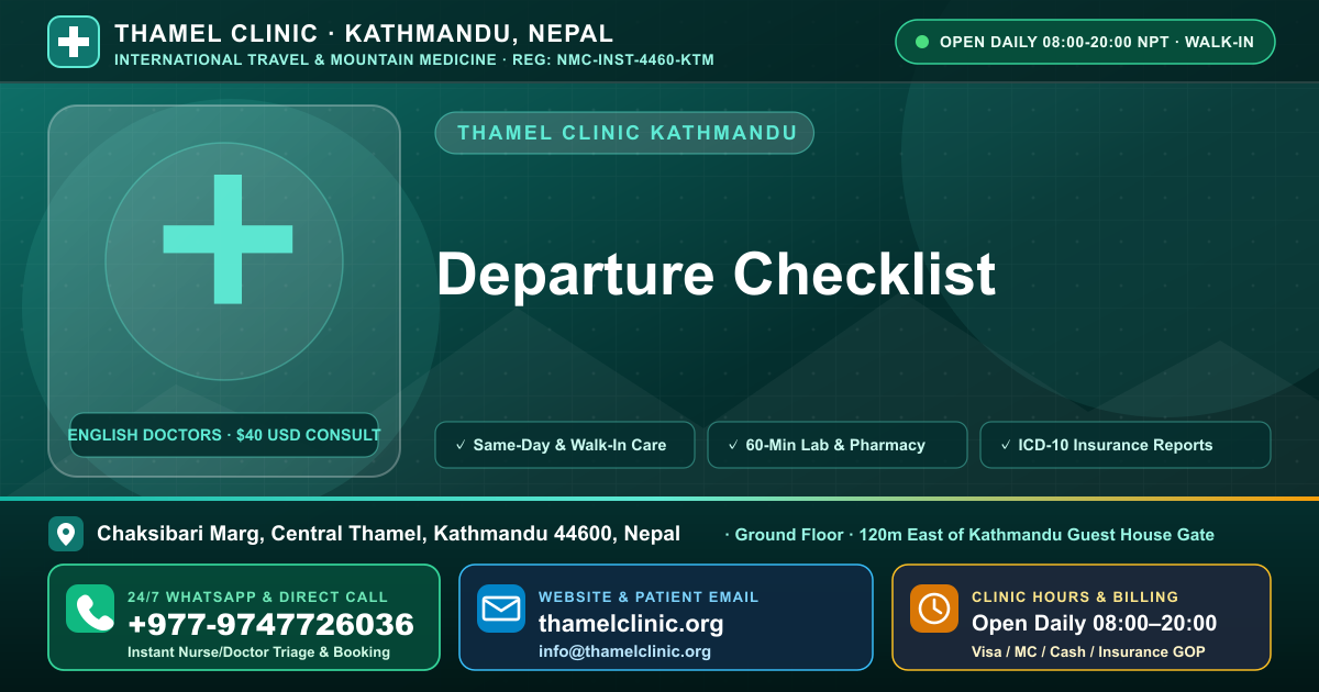 Departure Checklist — Thamel Clinic, Chaksibari Marg, Central Thamel, Kathmandu — Call/WhatsApp +977-9747726036