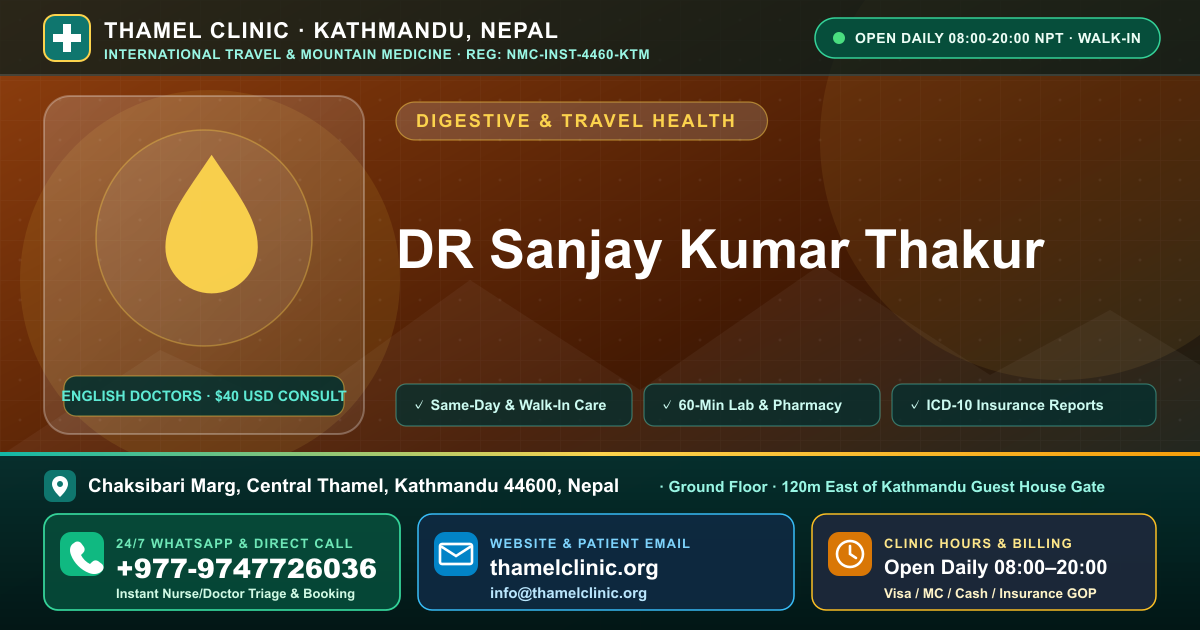 DR Sanjay Kumar Thakur — Thamel Clinic, Chaksibari Marg, Central Thamel, Kathmandu — Call/WhatsApp +977-9747726036