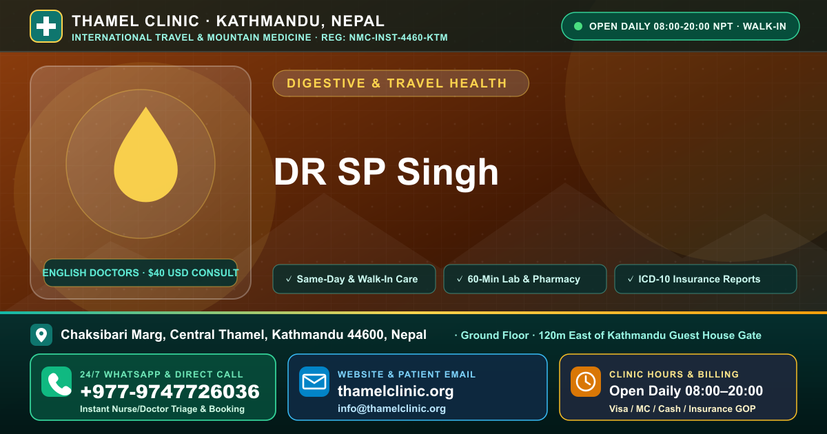 DR SP Singh — Thamel Clinic, Chaksibari Marg, Central Thamel, Kathmandu — Call/WhatsApp +977-9747726036