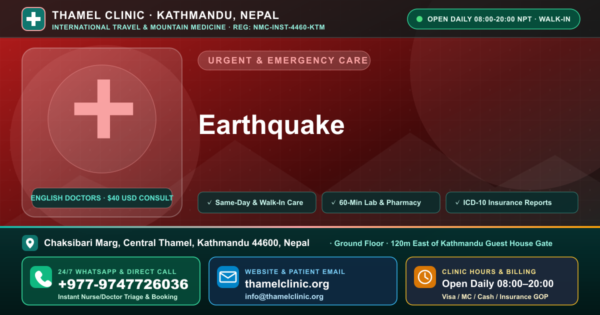 Earthquake — Thamel Clinic, Chaksibari Marg, Central Thamel, Kathmandu — Call/WhatsApp +977-9747726036