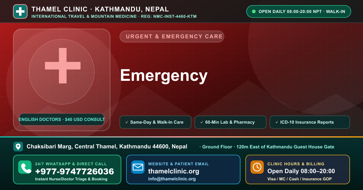 Emergency — Thamel Clinic, Chaksibari Marg, Central Thamel, Kathmandu — Call/WhatsApp +977-9747726036