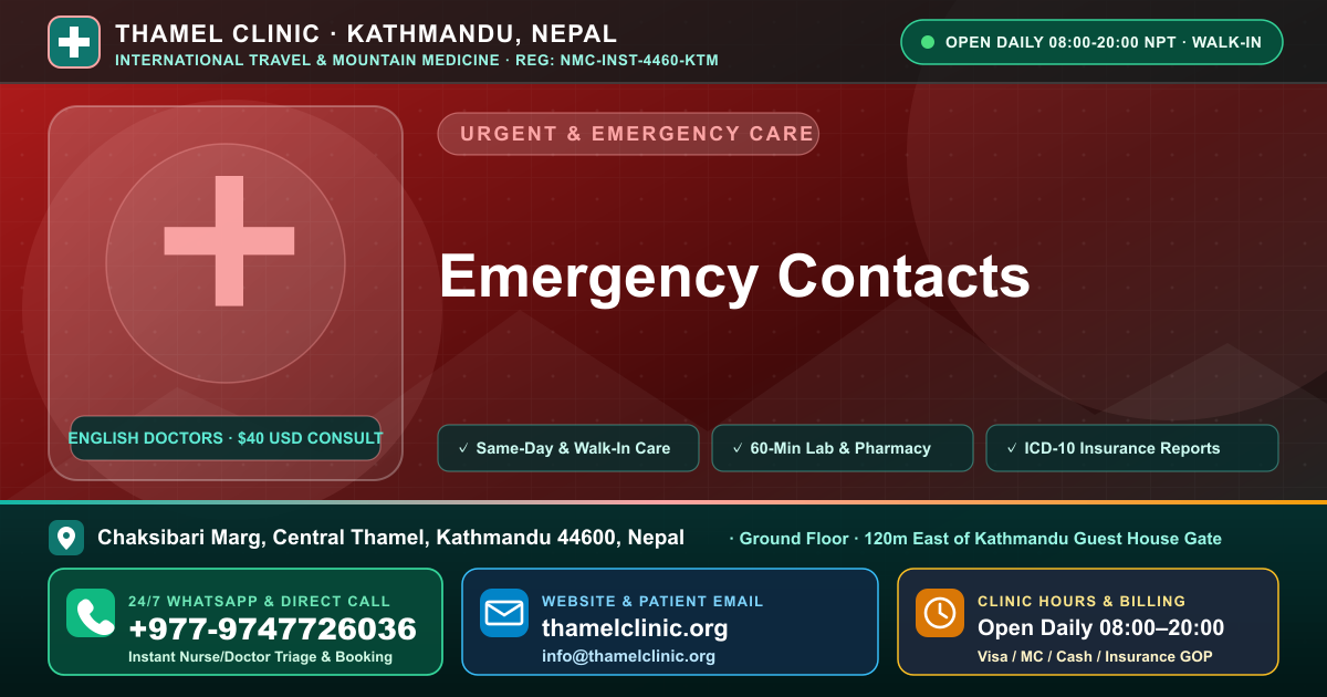 Emergency Contacts — Thamel Clinic, Chaksibari Marg, Central Thamel, Kathmandu — Call/WhatsApp +977-9747726036