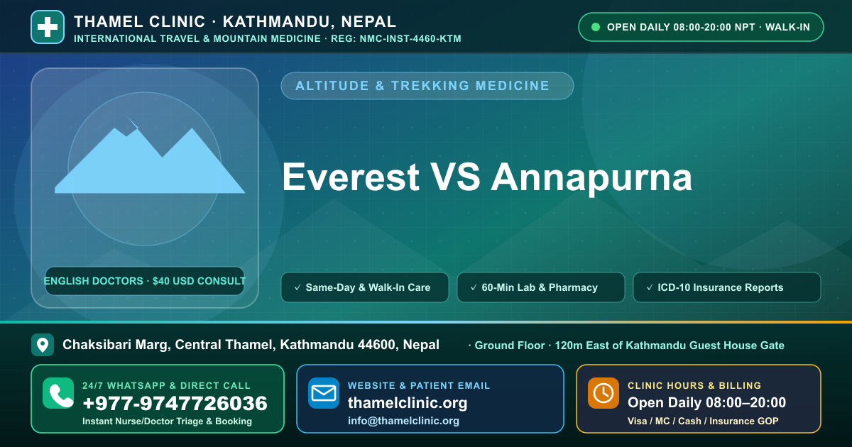 Everest VS Annapurna — Thamel Clinic, Chaksibari Marg, Central Thamel, Kathmandu — Call/WhatsApp +977-9747726036