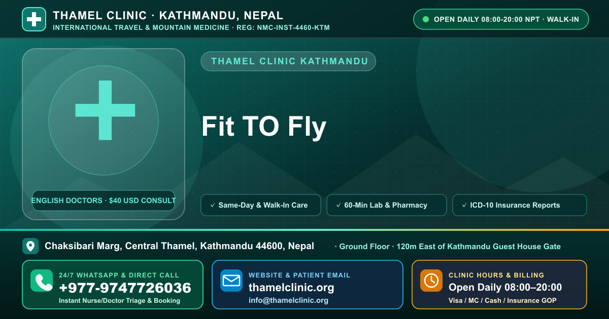 Fit TO Fly — Thamel Clinic, Chaksibari Marg, Central Thamel, Kathmandu — Call/WhatsApp +977-9747726036