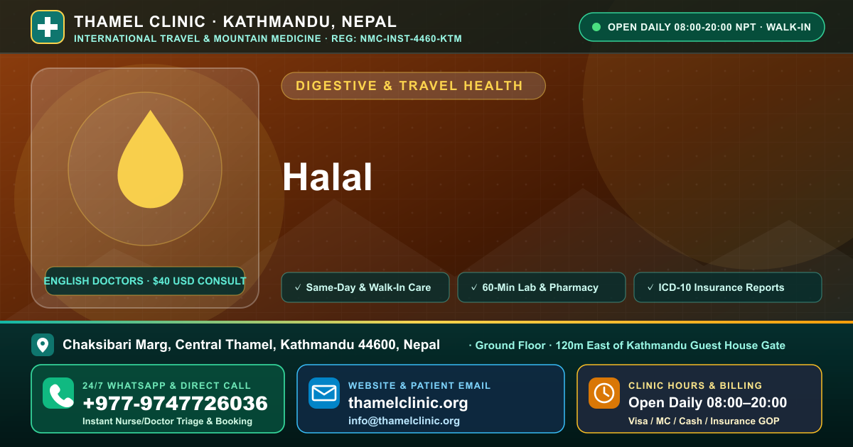 Halal — Thamel Clinic, Chaksibari Marg, Central Thamel, Kathmandu — Call/WhatsApp +977-9747726036