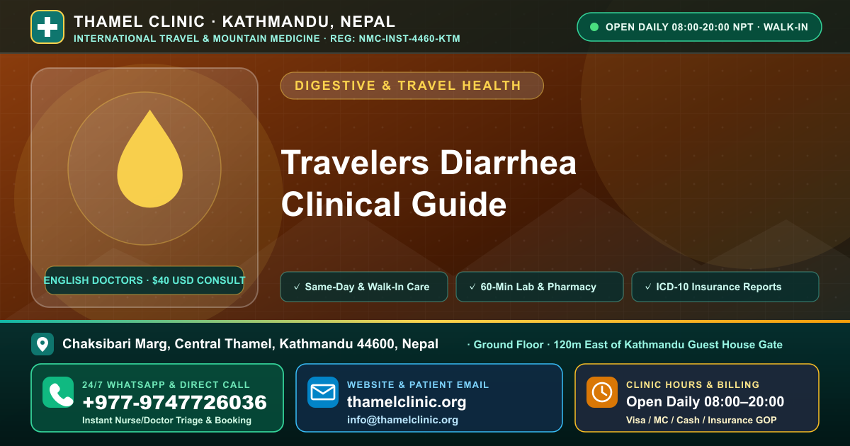 Travelers Diarrhea Clinical Guide — Thamel Clinic, Chaksibari Marg, Central Thamel, Kathmandu — Call/WhatsApp +977-9747726036