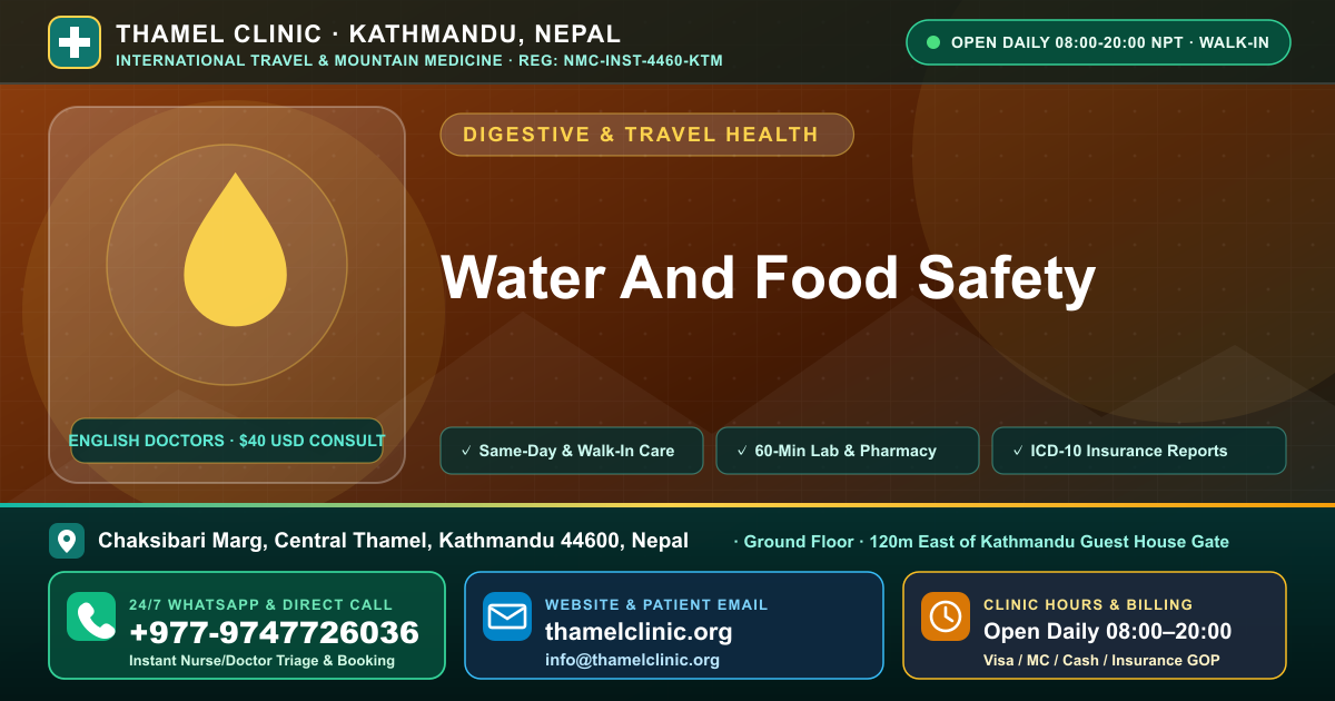 Water And Food Safety — Thamel Clinic, Chaksibari Marg, Central Thamel, Kathmandu — Call/WhatsApp +977-9747726036