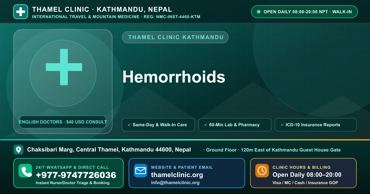 Hemorrhoids — Thamel Clinic, Chaksibari Marg, Central Thamel, Kathmandu — Call/WhatsApp +977-9747726036
