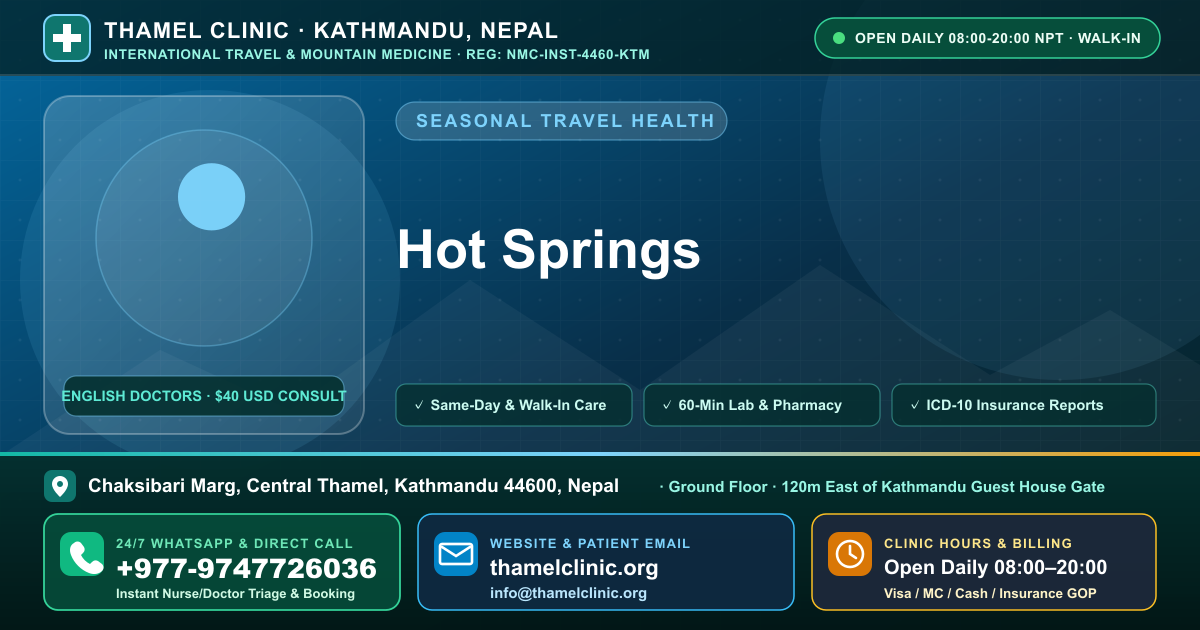 Hot Springs — Thamel Clinic, Chaksibari Marg, Central Thamel, Kathmandu — Call/WhatsApp +977-9747726036