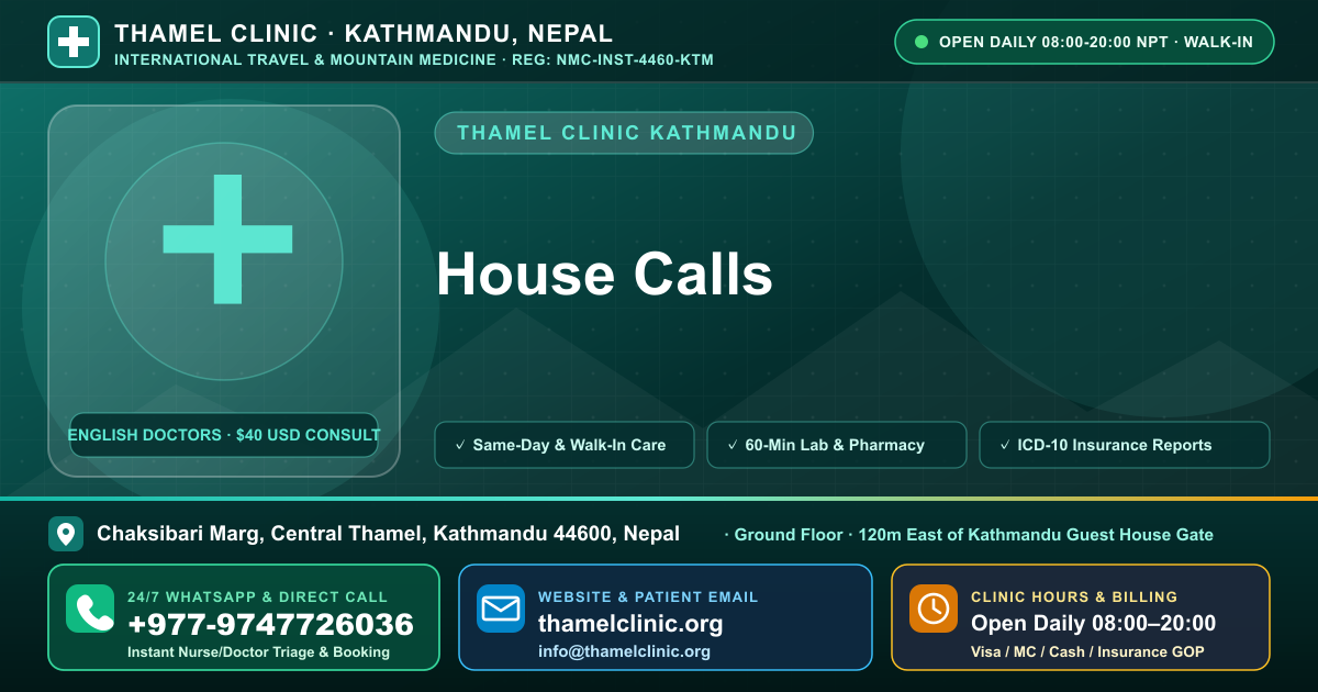 House Calls — Thamel Clinic, Chaksibari Marg, Central Thamel, Kathmandu — Call/WhatsApp +977-9747726036