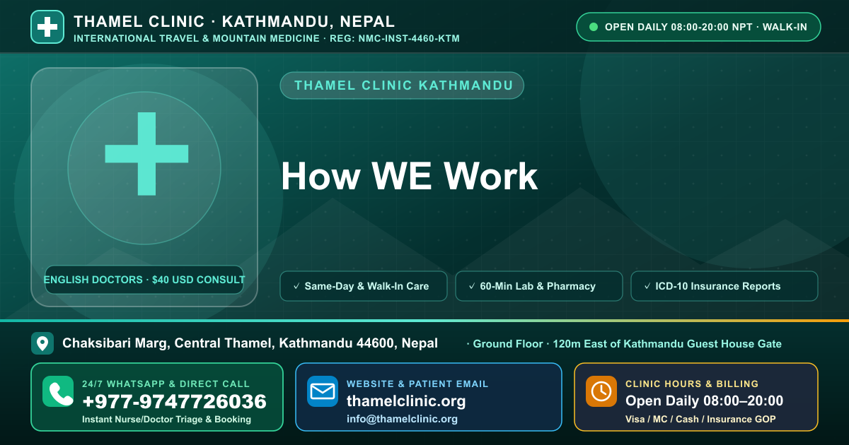 How WE Work — Thamel Clinic, Chaksibari Marg, Central Thamel, Kathmandu — Call/WhatsApp +977-9747726036