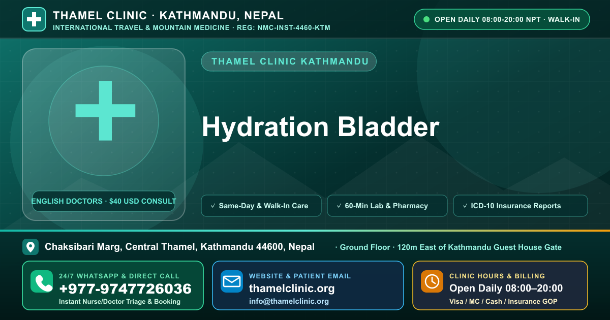 Hydration Bladder — Thamel Clinic, Chaksibari Marg, Central Thamel, Kathmandu — Call/WhatsApp +977-9747726036