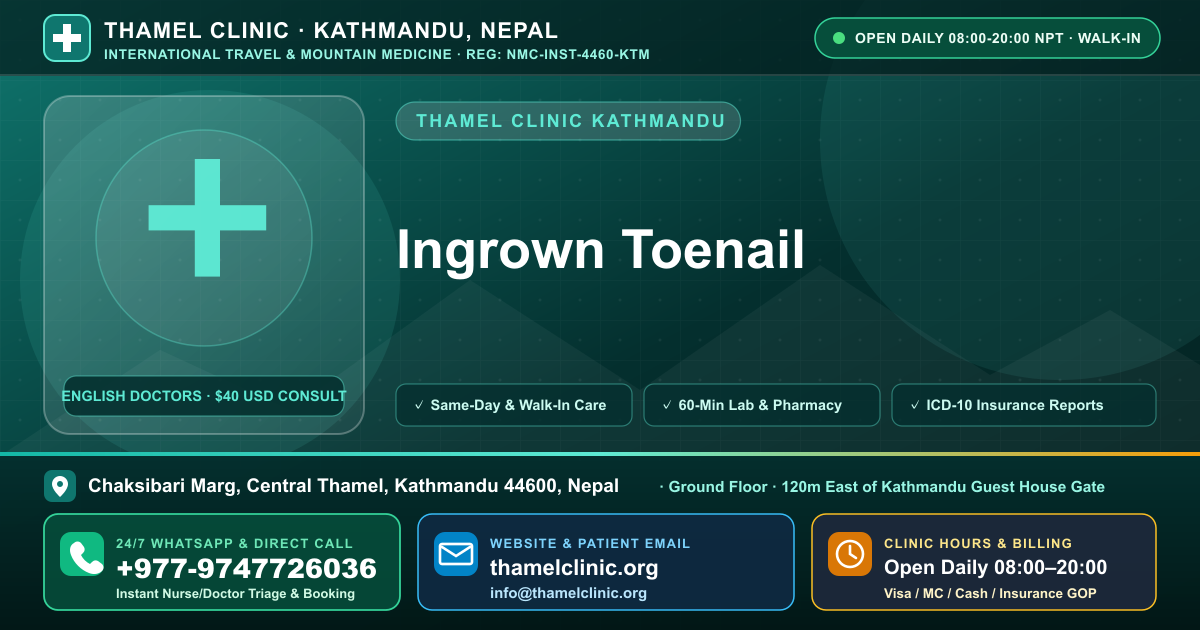 Ingrown Toenail — Thamel Clinic, Chaksibari Marg, Central Thamel, Kathmandu — Call/WhatsApp +977-9747726036