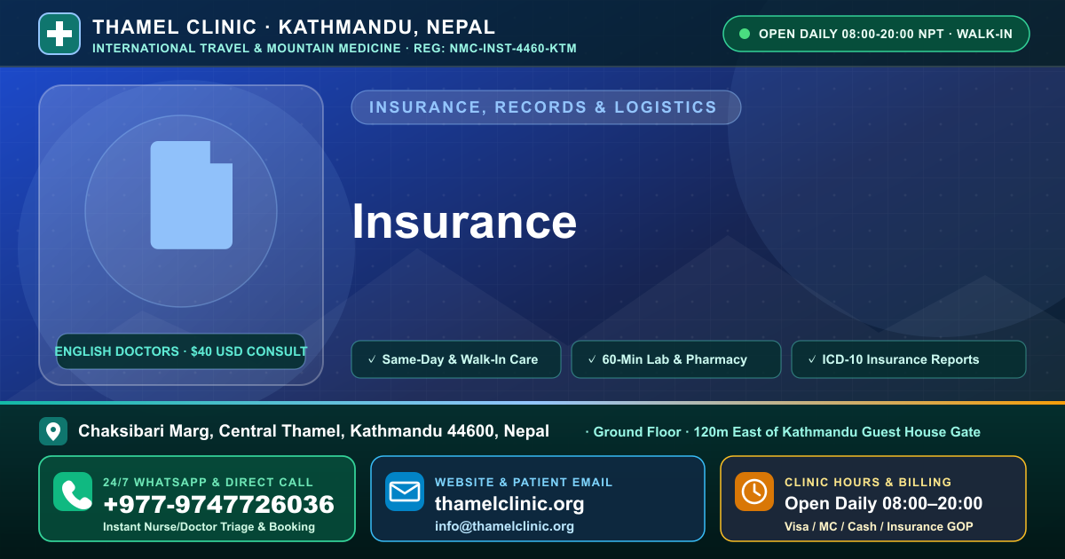 Insurance — Thamel Clinic, Chaksibari Marg, Central Thamel, Kathmandu — Call/WhatsApp +977-9747726036