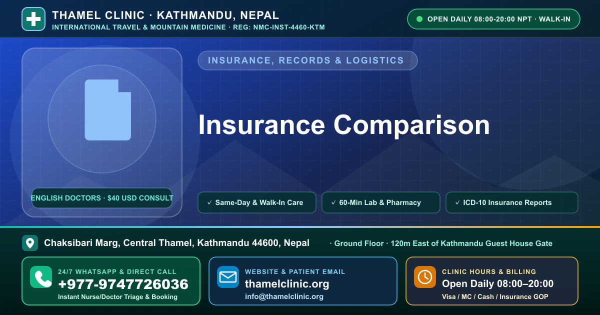 Insurance Comparison — Thamel Clinic, Chaksibari Marg, Central Thamel, Kathmandu — Call/WhatsApp +977-9747726036