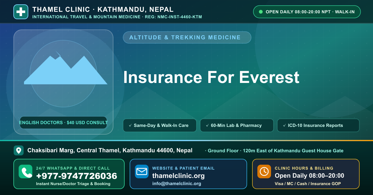 Insurance For Everest — Thamel Clinic, Chaksibari Marg, Central Thamel, Kathmandu — Call/WhatsApp +977-9747726036